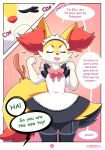  absurd_res ambiguous_gender anthro blush braixen cheek_tuft clothed clothing cute_fangs dialogue dress ellie_the_braixen english_text eyelashes eyes_closed facial_tuft fur hi_res inner_ear_fluff maid_uniform male_(lore) multicolored_body multicolored_fur nikkibunn nintendo open_mouth pink_background pok&eacute;mon pok&eacute;mon_(species) red_body red_fur simple_background solo text tuft uniform video_games white_body white_fur yellow_body yellow_fur 