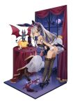  1girl absurdres alcohol animal_ears ass bat_(animal) bat_wings bent_over black_footwear black_leotard black_thighhighs blush bottle breast_press breasts broken_glass brown_eyes brown_hair candle covering_ass covering_privates cup curtains dark-skinned_female dark_elf dark_skin drinking_glass elf embarrassed eversoul fake_animal_ears fake_tail fishnet_thighhighs fishnets full_body game_cg ghost glass hair_between_eyes hair_ornament high_heels high_ponytail highres holding holding_tray incredibly_absurdres jack-o&#039;-lantern lace-trimmed_legwear lace-trimmed_thighhighs lace_trim large_breasts leotard long_hair looking_back nicole_(eversoul) official_alternate_costume official_alternate_hairstyle official_art pet playboy_bunny pointy_ears pumpkin rabbit_ears rabbit_tail red_wine sidelocks sleeveless solo spill standing strapless strapless_leotard table tachi-e tail thighhighs transparent_background tray window wine wine_bottle wine_glass wings wrist_cuffs 