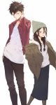  1boy 1girl alternate_hairstyle beanie black_hair black_legwear braid brother_and_sister brown_jacket brown_pants commentary drawstring feet_out_of_frame green_eyes hair_between_eyes hair_tie hand_on_own_neck hat height_difference highres hood hoodie jacket kuroki_tomoki kuroki_tomoko long_hair looking_at_viewer matsunaga777 open_mouth pants pantyhose pencil_skirt red_jacket shirt siblings simple_background skirt smile standing tied_hair twin_braids watashi_ga_motenai_no_wa_dou_kangaetemo_omaera_ga_warui! white_background white_hoodie white_shirt 