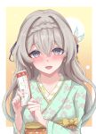  1girl absurdres alternate_costume alternate_hairstyle aqua_kimono aqua_nails blue_pupils blush border braid braided_bangs commentary_request dot_nose earrings firefly_(honkai:_star_rail) grey_hair hair_between_eyes hair_intakes hair_ornament highres holding holding_paper honkai:_star_rail honkai_(series) japanese_clothes jewelry kimono long_hair looking_at_viewer nail_polish obi obiage omikuji open_mouth paper sash simple_background solo tefutefufu two-tone_eyes upper_body white_border yellow_background 