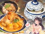  1girl absurdres beef black_hair chicken_(food) curry food food_focus food_name glasses grey_eyes hairband highres long_hair meat noodles original own_hands_together pink_hairband pink_shirt rice shirt solo tom23579 vase 