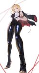  1girl black_jacket black_pants blonde_hair breasts evelyn_chevalier from_below full_body hair_between_eyes highres jacket jacket_on_shoulders large_breasts looking_at_viewer necktie pants parted_lips purple_eyes s7nsles sidelocks simple_background sleeveless solo standing yellow_necktie zenless_zone_zero 