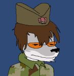 anthro aviator_glasses beard belly borko_vukovic brown_hair canid canine canis chamomick clothed clothing digital_media_(artwork) eyewear facial_hair fur glasses grey_body grey_fur hair hat headgear headwear male mammal microsoft_paint_(artwork) military military_clothing military_uniform neutral_expression orange_eyewear orange_glasses sajkaca serbian simple_background solo twunk uniform white_belly wolf