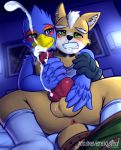  anthro anus avian balls bed blush bodily_fluids canid canine clothing cum ejaculation falco_lombardi fox fox_mccloud furniture genital_fluids genitals hi_res jcosneverexisted knot legwear male male/male mammal masturbation nintendo nude open_mouth penis sex sitting socks star_fox video_games 