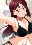  1girl black_bra black_panties blush bra breasts cleavage close-up collarbone commentary hair_ornament hairclip half_updo highres long_hair looking_at_viewer love_live! love_live!_sunshine!! medium_breasts panties red_hair sakurauchi_riko selfie solo sweat underwear upper_body yellow_eyes yopparai_oni 