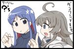  2girls ahoge alternate_costume blue_eyes blue_hair commentary_request grey_eyes grey_hair grey_sweater jacket kantai_collection long_hair multicolored_hair multiple_girls red_hair shiki_kyouzoku simple_background south_dakota_(kancolle) star_(symbol) sweater translation_request turtleneck turtleneck_sweater upper_body washington_(kancolle) white_background white_hair white_jacket 