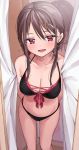  1girl bangs bikini black_bikini blush braid breasts brown_hair chigusa_minori cleavage collarbone commentary_request eyebrows_visible_through_hair fitting_room front-tie_top hair_between_eyes hair_ornament hairclip heart highres long_hair looking_at_viewer medium_breasts mole navel open_mouth original red_eyes smile solo swimsuit x_hair_ornament 