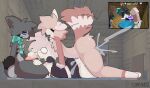 anal anal_penetration anthro bed big_butt big_ears big_penis blush blush_lines bodily_fluids brown_body brown_fur butt canid canine carbanogg clothing cum cum_in_ass cum_in_mouth cum_inside cum_while_penetrated ejaculation felid feline fellatio forced fur furniture gang_rape gangbang genital_fluids genitals grey_body grey_fur group group_sex lagomorph looking_pleasured lying lying_on_bed maid_uniform male male/male male_penetrated male_penetrating male_penetrating_male mammal microsoft minecraft mojang on_bed on_front oral penetration penile penis penis_grab rape scarf sex shocked sweat sweatdrop sweaty_butt thick_thighs trio uniform white_body white_fur xbox_game_studios