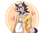  &lt;3 2020 anthro black_nose blush clothing dave_(password) fur grey_body grey_fur half-length_portrait hands_in_pockets hi_res hikari_mikazuki hoodie hyaenid japanese_text male mammal neck_tuft password_(grizz) pockets portrait shirt simple_background smile solo standing striped_hyena text topwear tuft 