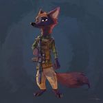  1:1 2020 abstract_background anthro barefoot belt blue_background bottomwear brown_eyes bulletproof_vest canid canine cheek_tuft claws clothed clothing facial_tuft flannel fox gun half-closed_eyes head_tuft hi_res holding_gun holding_object holding_rifle holding_weapon looking_at_viewer mach_(operatormach) mammal narrowed_eyes neck_tuft pants ranged_weapon rifle samur_shalem shirt signature simple_background standing toe_claws topwear trigger_discipline tuft utility_belt weapon 