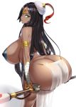  1girl arm_wrap armlet ass back bandaged_arm bandages bangs bent_over black_hair bracelet breasts circlet covered_nipples curvy dark_skin fate/grand_order fate_(series) green_eyes hat hat_feather highres huge_ass huge_breasts jewelry long_hair looking_at_viewer looking_back parted_bangs parted_lips pelvic_curtain scheherazade_(fate/grand_order) scroll senria simple_background smile thick_thighs thighs very_long_hair white_background wide_hips 