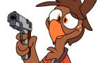  2019 anthro avian beak bell bell_collar biped bird brown_body brown_feathers clothed clothing collar digital_media_(artwork) feather_hair feather_hands feathered_wings feathers freckles gun handgun holding_gun holding_handgun holding_object holding_weapon looking_at_viewer male orange_eyes piemations pistol pretzel_(piemations) pseudo_hair ranged_weapon shirt simple_background smile solo topwear tuft weapon white_background wings 