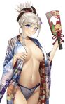 1girl absurdres blue_eyes blue_panties bow bow_panties breasts cowboy_shot fate/grand_order fate_(series) floral_print flower grey_hair hagoita hair_bun hair_flower hair_ornament highres holding holding_paddle japanese_clothes karakari kimono lace-trimmed_panties lace_trim lingerie looking_at_viewer medium_breasts miyamoto_musashi_(fate) multicolored_clothes multicolored_kimono nail_polish navel open_clothes open_kimono paddle panties red_nails short_hair simple_background solo stomach underwear white_background 