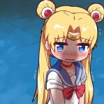  1girl absurdres bangs bishoujo_senshi_sailor_moon blonde_hair blue_background blue_eyes blue_sailor_collar blush bow bowtie chinese_commentary choker circlet collarbone double_bun embarrassed eyebrows_visible_through_hair flat_chest hair_intakes hair_ornament half-closed_eyes heart highres long_hair nose_blush open_mouth penis_shadow qswan red_choker red_neckwear sailor_collar sailor_moon_redraw_challenge school_uniform serafuku sexually_suggestive shadow shiny shiny_hair shirt short_sleeves solo sweat tied_hair trembling tsukino_usagi twintails upper_body wavy_mouth white_shirt 