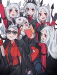  6+girls :d animal_ears black_gloves black_horns black_jacket black_neckwear black_pants black_tail black_vest blush business_suit cerberus_(helltaker) collared_shirt demon_girl demon_horns demon_tail dog_ears dog_girl eyebrows_visible_through_hair formal gloves hair_ornament heart heart-shaped_pupils helltaker horns jacket justice_(helltaker) long_hair long_sleeves looking_at_viewer lucifer_(helltaker) medium_hair modeus_(helltaker) mole mole_under_eye multiple_girls necktie neckwear open_mouth pants red_eyes red_legwear red_shirt shirt short_hair siblings simple_background sisters sleeves_rolled_up smile suit sunglasses symbol-shaped_pupils tail thighhighs triplets very_long_hair vest white_background white_hair white_horns yurooe 