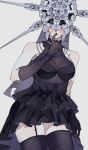  1girl absurdres alternate_costume bare_shoulders bead_necklace beads black_gloves black_thighhighs blush breasts covered_eyes dark_souls_(series) dark_souls_i dark_sun_gwyndolin dress garter_straps genderswap genderswap_(mtf) gloves grey_hair grey_helmet hand_up helmet highres jewelry large_breasts layered_dress necklace short_hair simple_background solo spiked_helmet thighhighs zettai_ryouiki zunkome 