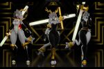 2024 2_horns 3d_(artwork) 5_fingers absurd_res accessory ankleband anthro antlers armor artist_name asymmetrical_clothing black_bodysuit black_choker black_clothing black_jewelry black_necklace black_skinsuit blue_gem blurred_background bodysuit bovid bracelet breasts cape caprine chain_accessory choker circlet cleavage closed_frown clothed clothing cropped_jacket digital_media_(artwork) digitigrade domestic_cat dream_breaker_(pseudoregalia) english_description eyebrows eyelashes eyes_closed feet_together felid feline felis female fingers floppy_ears frown full-length_portrait fur furgonomics gem geometric_background gesture glowing_weapon goat gold_(metal) gold_jewelry greaves grey_body grey_fur grey_hair grey_nose hair hair_accessory hair_ring hand_gesture hi_res hip_cutout hip_tuft holding_melee_weapon holding_object holding_sword holding_weapon hoof_shoes hooves horn horn_accessory jackalope jacket jewelry lagomorph leg_armor legwear leotard leporid looking_at_viewer lop_ears mammal medium_breasts melee_weapon model multiple_images multiple_outfits necklace neutral_expression pauldron portrait pseudoregalia pupils rabbit raised_weapon red_cape red_clothing reflection reflective_floor simple_background skinsuit small_waist solo standing stern_look sweater sword sybil_(pseudoregalia) tail tail_tuft thick_thighs tight_clothing topwear tuft warfare_machine warfare_sybil warfaremachine weapon weapon_on_shoulder white_clothing white_jacket white_leotard white_pupils white_sweater white_topwear wide_hipped_anthro wide_hipped_female wide_stance wingding_eyes yellow_bracelet yellow_clothing yellow_horn yellow_legwear