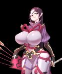  1girl absurdres arm_guards armlet armor bangs black_gloves bodysuit breasts curvy fate/grand_order fate_(series) fingerless_gloves gloves highres huge_breasts japanese_armor katana kote loincloth long_hair low-tied_long_hair minamoto_no_raikou_(fate/grand_order) parted_bangs purple_bodysuit purple_eyes purple_hair quiver ribbed_sleeves rope solo sword very_long_hair weapon yabby 