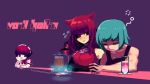  3girls alcohol animal_ears bar beer blue_hair cat_ears commentary_request dorothy_haze drill_hair drink drunk english_text gattame hairband highres holding_hands hologram multiple_girls muscle muscular_female red_hair sei_asagiri simple_background sliding stella_hoshii tank_top twitter_username va-11_hall-a yuri 