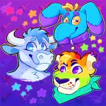 2017 2_horns animate_inanimate artist_name blue_body blue_eyebrows blue_eyes blue_fur blue_hair blumaroo brush button_(fastener) button_eyes chotpot cloud_(marking) collar colored curved_horn digital_drawing_(artwork) digital_media_(artwork) dipstick_ears ear_markings ear_piercing ear_ring english_description eyebrows eyelashes fan_character fangs female fur green_kerchief green_neckerchief grey_body grey_fur grey_horn group hair horn kau_(neopets) kerchief kougra light lighting living_plushie male multicolored_body multicolored_ears multicolored_fur multicolored_outline neckerchief neckwear neopet_(species) neopets no_pupils notched_ear orange_body orange_fur orange_hair outline paintbrush pattern_background piercing plushie purple_background purple_collar purple_ear_ring purple_ear_tips purple_eyebrows purple_eyes purple_nose rainbow_outline ring_piercing shaded short_hair simple_background star stitch_(sewing) teeth trio two_tone_body two_tone_fur whisker_spots yellow_eyes