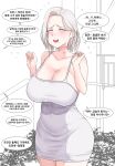 1girl :d bare_shoulders breasts cleavage closed_eyes collarbone curvy dress gimgugnae grass hands_up hickey highres korean_commentary mature medium_hair mole mole_on_breast mole_under_mouth open_mouth original silver_hair skin_tight smile standing thighs translation_request white_dress 