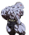  anthro back_muscles belt black_clothing black_underwear blush bodily_fluids clothed clothing fangs grey_body kuroma looking_back machoke male markings muscular muscular_male nintendo pok&eacute;mon pok&eacute;mon_(species) rear_view red_eyes simple_background solo sweat topless underwear video_games white_background 