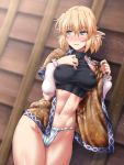 1girl arm_warmers blonde_hair blush breasts covered_nipples eyebrows_visible_through_hair fundoshi green_eyes hair_between_eyes hands_on_own_chest japanese_clothes large_breasts looking_to_the_side mizuhashi_parsee ootsuki_wataru pointy_ears short_hair solo thighs touhou 