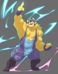  anthro biceps blue_eyes boots bulge claws clothed clothing electricity fingerless_gloves fist footwear fur gesture gloves glowing glowing_eyes grey_background handwear hi_res league_of_legends male mammal mask muscular muscular_male open_mouth pecs pointing purple_gloves riot_games simple_background solo sports_mask sportswear ursid video_games volibear vorusuarts wrestling_mask wrestling_singlet yellow_body yellow_fur 