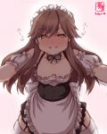  1girl alternate_costume apron arashio_(kantai_collection) artist_logo black_skirt brown_eyes brown_hair commentary_request cowboy_shot dated detached_collar detached_sleeves enmaided frilled_apron frilled_shirt frilled_skirt frills garter_straps highres kanon_(kurogane_knights) kantai_collection long_hair looking_at_viewer maid parted_lips shirt skirt smile solo thighhighs waist_apron white_apron white_legwear 