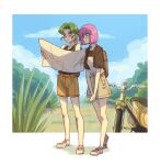  2girls backpack bag border brown_shirt brown_shorts commentary grass green_eyes green_hair gutalalaman hatsuseno_alpha highres holding holding_map map motor_vehicle motorcycle multiple_girls outdoors outside_border own_hands_together pink_eyes pink_hair ponytail shirt short_hair shorts sky standing takatsu_kokone tree white_border yokohama_kaidashi_kikou 