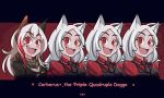  4girls :d abineko animal_ears blush breasts cerberus_(helltaker) cleavage commentary dog_ears english_commentary english_text fang girls_frontline helltaker highres long_hair looking_at_viewer m4_sopmod_ii_(girls_frontline) multiple_girls necktie odd_one_out open_mouth red_eyes scarf smile vest white_hair 