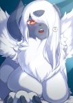  2020 3_claws absurd_res big_breasts black_nose breast_squish breasts busty_feral claws denyfake feathered_wings feathers female feral fluffy fur glowing glowing_eyes grey_body hair hair_over_eye hi_res horn long_hair looking_at_viewer mega_absol mega_evolution nintendo one_eye_obstructed open_mouth paws pok&eacute;mon pok&eacute;mon_(species) red_eyes solo squish tongue video_games white_body white_fur white_pupils white_wings wings 