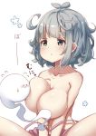  1girl blush breast_press breast_squeeze breasts collarbone dress dress_removed green_eyes highres hitodama konpaku_youmu large_breasts nude pegashi short_hair silver_hair simple_background sitting touhou translation_request white_background 