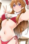  1girl armpits bell bikini bra breasts breasts_apart brown_hair close-up cowboy_shot hair_ornament hairclip hat highres jingle_bell konoe_kanata long_hair looking_at_viewer love_live! love_live!_nijigasaki_high_school_idol_club medium_breasts navel panties purple_eyes red_bra red_panties santa_bikini santa_bra santa_costume santa_hat santa_panties selfie side-tie_panties solo stomach swimsuit underwear w wavy_hair yopparai_oni 