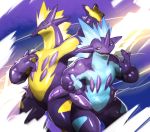  3_fingers abstract_background ambiguous_gender amped_toxtricity anthro blue_body duo fingers horn kuroma low_key_toxtricity multicolored_body nintendo open_mouth pok&eacute;mon pok&eacute;mon_(species) purple_body slightly_chubby spikes toxtricity two_tone_body video_games yellow_body 