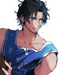  1boy alternate_costume ball bangs bare_shoulders bartholomew_roberts_(fate/grand_order) basketball basketball_uniform black_hair blue_eyes chest dark_skin dark_skinned_male fate/grand_order fate_(series) hally holding holding_ball looking_to_the_side male_focus revealing_clothes solo sportswear sweat toned toned_male upper_body watermark white_background 