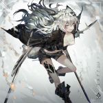  1girl a0lp absurdres animal_ears arknights bandeau bangs bare_legs black_coat black_footwear black_shorts blush boots breasts character_name cleavage coat commentary eyebrows_visible_through_hair feet_out_of_frame floating_hair grey_background grey_eyes hair_between_eyes hair_ornament hairclip highres holding holding_sword holding_weapon huge_filesize katana korean_commentary lappland_(arknights) long_hair long_sleeves looking_at_viewer medium_breasts midriff open_clothes open_coat ore_lesion_(arknights) parted_lips scar scar_across_eye short_shorts shorts silver_hair smile solo strapless sword tail thighs tubetop weapon wide_sleeves wolf_ears wolf_tail 