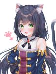  1girl absurdres animal_ear_fluff animal_ears bangs bare_shoulders black_hair black_ribbon blush breasts cat_ears cat_girl cat_tail commentary detached_sleeves dress eyebrows_visible_through_hair fang gem green_eyes highres karyl_(princess_connect!) long_hair looking_at_viewer low_twintails multicolored_hair nri open_mouth paw_print princess_connect! princess_connect!_re:dive ribbon simple_background sleeveless sleeveless_dress solo streaked_hair tail twintails very_long_hair white_background white_hair 