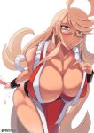  1girl ahoge alma_armas blonde_hair blush breasts cleavage collarbone commentary cosplay fan glasses highres large_breasts long_hair paper_fan pink_seito shiranui_mai shiranui_mai_(cosplay) tan the_king_of_fighters twitter_username va-11_hall-a white_background wristband yellow_eyes 