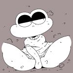  1:1 aliasing amphibian anthro balls black_and_white bodily_fluids bottomless clothed clothing digital_media_(artwork) frog genitals half-closed_eyes hi_res male monochrome narrowed_eyes partially_clothed penis portrait sailewder simple_background solo spot_color sweat sweater thick_thighs three-quarter_portrait toony topwear 