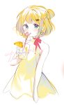  1girl bare_arms bare_shoulders blonde_hair blue_eyes blush bow closed_mouth crazy_straw cup dress drinking drinking_glass drinking_straw earrings food food_themed_hair_ornament fruit hair_ornament hairclip heart heart_earrings heart_straw highres holding holding_cup jewelry lemon lemon_hair_ornament lemon_slice looking_at_viewer one_side_up original red_bow signature sleeveless sleeveless_dress solo urim_(paintur) yellow_dress 