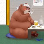  1:1 2018 alcohol anthro beer belly beverage blush brown_body brown_fur fur hi_res humanoid_hands kemono male mammal moobs navel nipples overweight overweight_male sitting smoking solo toshi_(artist) ursid 
