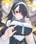  1girl absurdres black_choker black_hair blue_archive breasts choker halo highres hinata_(blue_archive) kurochomo large_breasts one_eye_covered red_eyes veil 