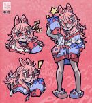  ! 1girl :3 @_@ ahoge animal_ears animal_slippers arm_up artist_logo asymmetrical_footwear bandeau blue_bow blue_jacket blue_ribbon blush bow braid bunny_slippers commentary criss-cross_halter ear_bow english_commentary english_text flipped_hair full_body fur_trim grin hair_between_eyes hair_bow hair_ornament hair_over_shoulder hair_ribbon halterneck hand_on_own_face hand_up heart heart_hair_ornament highres hood hoodie jacket lace-trimmed_bandeau laughing letter_hair_ornament logo long_hair long_sleeves looking_at_viewer multicolored_hoodie multiple_views nail_polish open_mouth oversized_clothes patreon_logo phase_connect pink_bandeau pink_bow pink_eyes pink_hair pink_jacket pink_nails pipkin_pippa pipkin_pippa_(1st_costume) rabbit_ears rabbit_girl ribbon sidelocks sindraws sleeves_past_fingers sleeves_past_wrists slippers smile standing star_(symbol) star_hair_ornament straight_hair triangle_mouth upper_body v-shaped_eyebrows white_jacket yellow_bow 