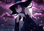  1girl bare_shoulders black_dress black_hat blair_(soul_eater) breasts cloud cloudy_sky commentary cowboy_shot detached_sleeves dress english_commentary falling_petals fingernails full_moon hair_between_eyes hat hat_ribbon highres large_breasts leaning_forward light_smile looking_at_viewer moon moon_behind_head night night_sky orange_eyes petals pink_nails purple_clouds purple_hair rayden-lgx ribbon sharp_fingernails sideboob signature sky solo soul_eater star_(sky) starry_sky white_ribbon wide_sleeves witch_hat 