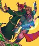  2boys bangs bara blonde_hair bubble caesar_anthonio_zeppeli catneylang chest dynamic_pose earrings fabulous facial_mark feathers fighting_stance fingerless_gloves gakuran gloves gradient_hair green_eyes green_jacket hair_feathers headband hierophant_green highres jacket jewelry jojo_no_kimyou_na_bouken jojo_pose kakyouin_noriaki looking_at_viewer male_focus multicolored_hair multiple_boys open_hands pectorals pose red_hair scarf school_uniform smile stand_(jojo) tentacles upper_body yellow_background 