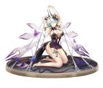  1girl absurdres arms_up bare_arms bare_legs bare_shoulders barefoot black_pajamas blue_butterfly blue_hair breasts bright_pupils bug butterfly circuit_board_print clothing_cutout detached_wings double-parted_bangs elf eversoul fairy_wings faux_figurine full_body game_cg gem green_eyes hair_between_eyes hair_ornament highres jewelry kneeling large_breasts looking_to_the_side multiple_wings negligee official_alternate_costume official_alternate_hair_color official_art pajamas parted_lips pointy_ears purple_butterfly short_hair silk solo spider stomach_cutout tachi-e transparent_background waist_cape wheri_(eversoul) white_pupils wings 