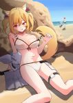  3girls :p absurdres alternate_costume animal_ears arknights beach bikini blonde_hair commentary croissant_(arknights) day exusiai_(arknights) feet_out_of_frame fox_ears fox_tail front-tie_bikini front-tie_top hair_between_eyes hair_bobbles hair_ornament heart highres looking_at_viewer medium_hair multiple_girls navel outdoors red_eyes rin_mokkomoko sand sitting skirt skirt_removed solo_focus sora_(arknights) strap_pull swimsuit tail thigh_strap tongue tongue_out twintails undressing white_bikini 