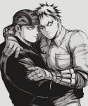  2boys absurdres aikawa_(dorohedoro) arm_hug backwards_hat black_hair black_shirt closed_eyes collared_shirt dorohedoro facial_mark florbetriz focused gloves greyscale hand_on_another&#039;s_shoulder hand_on_another&#039;s_waist hat highres hug looking_to_the_side male_focus monochrome multicolored_hair multiple_boys mutual_hug pectoral_docking risu_(dorohedoro) shirt sideburns simple_background upper_body waist_hug yaoi 