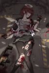  1girl angel arknights belt blood blood_on_face bloody_clothes breasts bruise collarbone commentary_request deep_wound defeat dog_tags energy_wings exusiai_(arknights) fingerless_gloves gloves gun halo highres injury kataokasan on_ground panties red_hair scratches short_hair small_breasts solo submachine_gun torn_clothes torn_legwear underwear weapon 